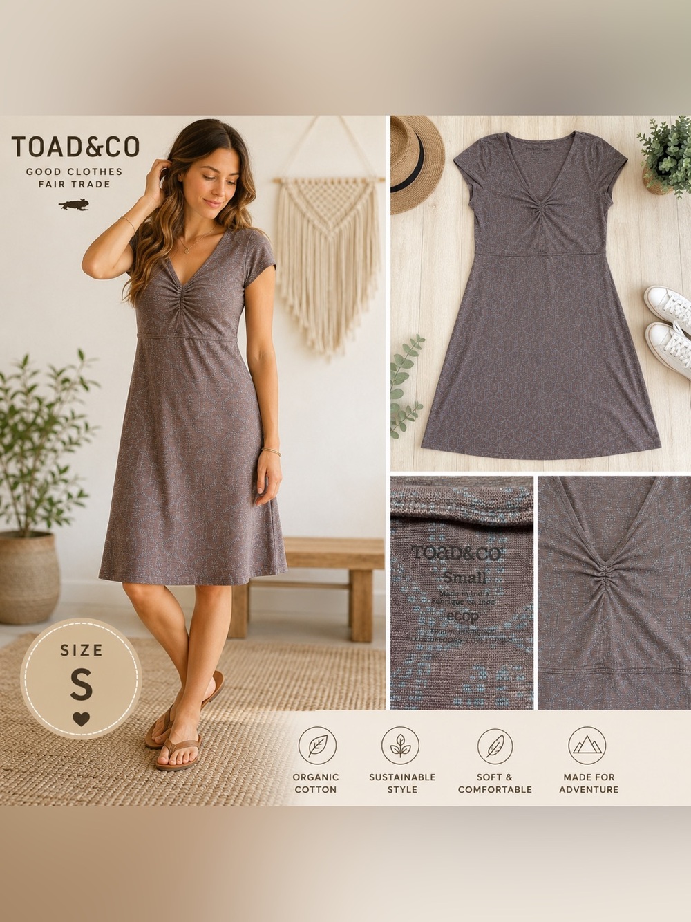 Toad&Co Brown Geometric Print Ruched V-Neck Dress Women’s Small Casual Midi